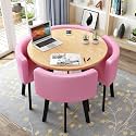 Small Space Saving Table Set, Round Dining Table and Chairs Set 4, Office Reception Room Club Table and Chair Set, Meeting Room Table for Home Living Room Balcony Cafe Break Room, PU Pink
