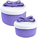 Small Storage Baskets with Lids, Round Woven Rope Basket with Lid, Cute Storage Box for Small Toy, Gift or Home Decor, Decorative Basket with Cute Bow Handle (Lavender)
