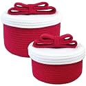 Small Storage Baskets with Lids, Round Woven Rope Basket with Lid, Cute Storage Box for Small Toy, Gift or Home Decor, Decorative Basket with Cute Bow Handle, Red