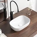 Small Vessel Sink Bowl Above Counter, QISHKA 14" x 10" Ceramic Oval Modern Bathroom Sink White Vanity Sink Lavatory Art Basin