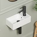 Small Wall Mount Bathroom Vessel Sink, 15.6" X 8.6" Rectangular Floating Ceramic Wash Hand Basin - White Wall Hung Vanity Sink with Overflow for Small Bathroom (Right Hand)