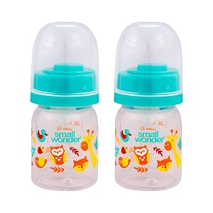 small wonder baby feeding bottle slim neck admkire 60 ml pack of 2 animal print with anti colic nipple with feeding spoon new borninfantstoddler upto 3 years bpa free green colour