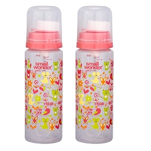 small wonder baby feeding bottle slim neck pure 250 ml pack of 2 animal print with anti colic nipple new borninfantstoddler upto 3 years bpa free pink colour