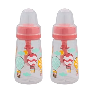 small wonder baby feeding bottle slim neck natural 125 ml pack of 2 ballon print with anti colic nipple with feeding spoon new borninfantstoddler upto 3 years bpa free pink colour