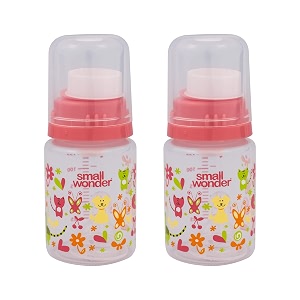 small wonder baby feeding bottle slim neck pure 125 ml pack of 2 animal print with anti colic nipple new borninfantstoddler upto 3 years bpa free pink colour
