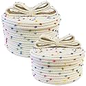Small Woven Storage Baskets with Lids, Round Cotton Rope Basket with Lid, Cute Storage Box for Small Toy, Gift or Home Decor, Decorative Basket with Rainbow Pom-pom & Cute Bow Handle (rainbow)
