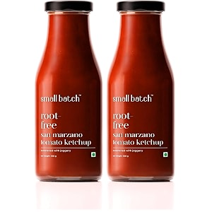 smallbatch root-free san marzano tomato ketchup gourmet condiment jain friendly spread dip refined sugar-free organic jaggery khakra paneer pizza no preservative 100 vegan - 350g