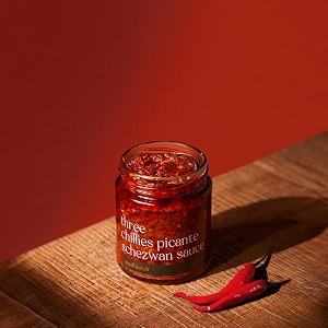 smallbatch three chillies picante schezwan sauce spicy gourmet condiment dip stir fry marinate spread cook eggs pasta noodles chips dosa paratha no preservatives pure veg - 180gms