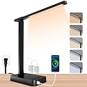 Smart Desk Lamp with 4-in-1 Charging Station (2 AC outlets, Type-C, USB-A ports), 5 color temperatures and 5 brightness levels, adjustable gooseneck arm, eye-friendly lighting for desks, bedrooms