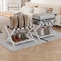 Smart FENDEE 2 Packs Fully Assembled Luggage Racks with Shoe Shelf, Suitcase Stand with Fold & Lock System, Bamboo Luggage Stand Ideal for Guest Room, Bedroom, Hotel, White