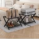 Smart FENDEE 2 Packs Fully Assembled Black Bamboo Luggage Racks with Shoe Shelf, 5 Straps Folding Suitcase Stand, Heavy Duty Luggage Holders for Guest Room, Bedroom, Hotel