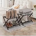 Smart FENDEE 2 Packs Fully Assembled Espresso Bamboo Luggage Racks, Folding Suitcase Stand with Shoe Shelf, 5 Nylon Straps, Heavy Duty Luggage Stands Ideal for Guest Room, Bedroom, Hotel