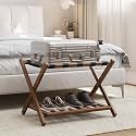 Smart FENDEE 26.77“ Fully Assembled Dark Walnut Luggage Racks with Folable Storage Shelf, 5 Heavy-Duty Straps Bamboo Suitcase Stand, Luggage Holders for Guest Room, Bedroom, Hotel