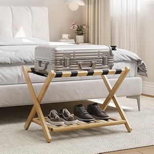 smart fendee fully assembled bamboo luggage rack heavy duty folding suitcase stand with storage shelf guest room essentials ideal for bedroom hotel natural