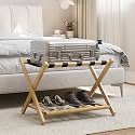 Smart FENDEE Fully Assembled Bamboo Luggage Rack, Heavy Duty Folding Suitcase Stand with Storage Shelf, Guest Room Essentials, Ideal for Bedroom, Hotel, Natural