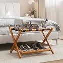 Smart FENDEE Fully Assembled Bamboo Luggage Racks, Foldable Suitcase Stand with 5 Nylon Straps, Luggage Stand with Shoe Shelf Ideal for Guest Room, Bedroom, Hotel, Honey Oak