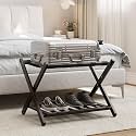 Smart FENDEE Fully Assembled Bamboo Luggage Rack, Folding Suitcase Stand with 5 Nylon Straps, Luggage Holders with Shelf, Ideal for Guest Room, Bedroom, Hotel, Espresso