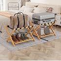 Smart FENDEE Fully Assembled Luggage Racks Pack of 2, Folding Suitcase Stand with Storage Shelf, Bamboo Luggage Stand with 5 Nylon Straps for Guest Room, Bedroom, Heavy Duty, Natural