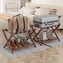 Smart FENDEE Fully Assembled Walnut Luggage Racks Set of 2, Foldable Suitcase Stand with Storage Shelf, Bamboo Luggage Holders for Guest Room, Bedroom, Hotel