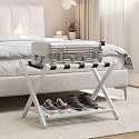 Smart FENDEE Fully Assembled White Bamboo Luggage Rack, 5 Straps Folding Suitcase Stand with Shoe Shelf, Heavy Duty Wood Large Luggage Holders for Guest Room, Bedroom, Hotel