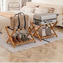 Smart FENDEE Pack of 2 Fully Assembled Bamboo Luggage Racks with Shoe Shelf, 5 Heavy-Duty Straps Folding Suitcase Stand, Luggage Holders for Guest Room Must Haves, Ideal for Bedroom, Hotel, Honey Oak