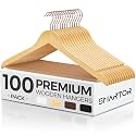 Smarter Natural Wooden Hangers 100 Pack, Solid Wood Coat Hangers for Closet