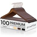 Smarter Walnut Wooden Hangers 100 Pack, Solid Wood Coat Hangers for Closet
