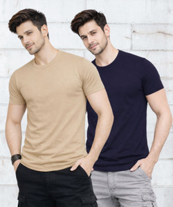 SMARTRIX Solid Men Round Neck Beige Navy
