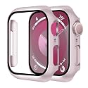 Smiling 2 Pack Case Compatible with Apple Watch Series 9/8/ 7 41mm Built in Tempered Glass Screen Protector, Hard PC Case Overall Protective Cover- 1 Pink + 1 Transparent