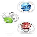 Smilo Baby Christmas Pacifier - 3 Pack of Slimline Dummies for Babies from 9+ Months - 100% Silicone Glow in the Dark Binky BPA Free - Christmas Ornaments
