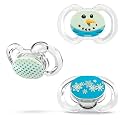 Smilo Baby Christmas Pacifier - 3 Pack of Slimline Dummies for Babies from 9+ Months - 100% Silicone Glow in the Dark Binky BPA Free - Blue Winter