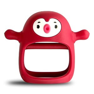 smily mia penguin buddy never drop silicone baby teething toy for 0-6month infants baby chew toys for teething pain relief hand teether for 3-6monthsgum massager for babies light blue