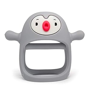 smily mia penguin buddy never drop silicone baby teething toy for 0-6month infants baby chew toys for teething pain relief hand teether for 3-6monthsgum massager for babies light blue