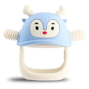 smily mia penguin buddy never drop silicone baby teething toy for 0-6month infants baby chew toys for teething pain relief hand teether for 3-6monthsgum massager for babies light blue