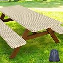 Smiry Picnic Table Cover with Bench Covers, Waterproof Elastic Fitted Tablecloth for 5 Foot Tables, Washable Polyester Tablecloths for Camping, Indoor &amp; Outdoor (Champagne, 30x60 Inch 3-pc Set)