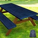 Smiry Picnic Table Cover with Bench Covers, Waterproof Elastic Fitted Tablecloth for 6 Foot Tables, Washable Polyester Tablecloths for Camping, Indoor &amp; Outdoor (Navy &amp; Black, 30x72 Inch 3-pc Set)