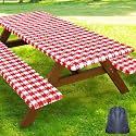 Smiry Picnic Table Cover with Bench Covers, Waterproof Elastic Fitted Tablecloth for 6 Foot Tables, Washable Polyester Tablecloths for Camping, Indoor &amp; Outdoor (Red &amp; White, 30x72 Inch 3-pc Set)