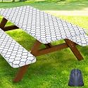 Smiry Picnic Table Cover with Bench Covers, Waterproof Elastic Fitted Tablecloth for 5 Foot Tables, Washable Polyester Tablecloths for Camping, Indoor & Outdoor (White, 30x60 Inch 3-pc Set)