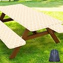 Smiry Picnic Table Cover with Bench Covers, Waterproof Elastic Fitted Tablecloth for 8 Foot Tables, Washable Polyester Tablecloths for Camping, Indoor &amp; Outdoor (Beige, 30x96 Inch 3-pc Set)