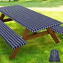 Smiry Picnic Table Cover with Bench Covers, Waterproof Elastic Fitted Tablecloth for 6 Foot Tables, Washable Polyester Tablecloths for Camping, Indoor &amp; Outdoor (Navy &amp; White, 30x72 Inch 3-pc Set)