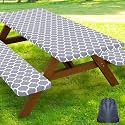 Smiry Picnic Table Cover with Bench Covers, Waterproof Elastic Fitted Tablecloth for 8 Foot Tables, Washable Polyester Tablecloths for Camping, Indoor &amp; Outdoor (Grey, 30x96 Inch 3-pc Set)