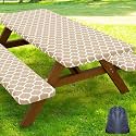 Smiry Picnic Table Cover with Bench Covers, Waterproof Elastic Fitted Tablecloth for 6 Foot Tables, Washable Polyester Tablecloths for Camping, Indoor &amp; Outdoor (Khaki, 30x72 Inch 3-pc Set)