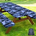 Smiry Picnic Table Cover with Bench Covers, Waterproof Elastic Fitted Tablecloth for 6 Foot Tables, Washable Polyester Camo Tablecloths for Camping &amp; Patriotic Decor (Ocean Blue, 30x72 Inch 3-pc Set)
