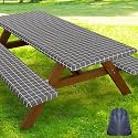 Smiry Picnic Table Cover with Bench Covers, Waterproof Elastic Fitted Tablecloth for 6 Foot Tables, Washable Polyester Tablecloths for Camping, Indoor & Outdoor (Grey & White, 30x72 Inch 3-pc Set)