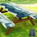 Smiry Picnic Table Cover with Bench Covers, Waterproof Elastic Fitted Tablecloth for 8 Foot Tables, Washable Polyester Tablecloths for Camping, Indoor &amp; Outdoor (Green Blue, 30x96 Inch 3-pc Set)