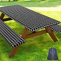 Smiry Picnic Table Cover with Bench Covers, Waterproof Elastic Fitted Tablecloth for 6 Foot Tables, Washable Polyester Tablecloths for Camping, Indoor &amp; Outdoor (Black &amp; White, 30x72 Inch 3-pc Set)