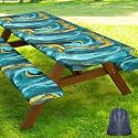 Smiry Picnic Table Cover with Bench Covers, Waterproof Elastic Fitted Tablecloth for 8 Foot Tables, Washable Polyester Tablecloths for Camping, Indoor &amp; Outdoor (Teal &amp; Gold, 30x96 Inch 3-pc Set)