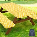 Smiry Picnic Table Cover with Bench Covers, Waterproof Elastic Fitted Tablecloth for 8 Foot Tables, Washable Polyester Tablecloths for Camping, Indoor &amp; Outdoor (Yellow, 30x96 Inch 3-pc Set)
