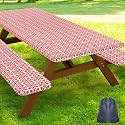 Smiry Picnic Table Cover with Bench Covers, Waterproof Elastic Fitted Tablecloth for 6 Foot Tables, Washable Polyester Tablecloths for Camping, Indoor &amp; Outdoor (Rose Red &amp; White, 30x72 Inch 3-pc Set)