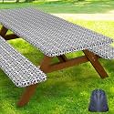 Smiry Picnic Table Cover with Bench Covers, Waterproof Elastic Fitted Tablecloth for 6 Foot Tables, Washable Polyester Tablecloths for Camping, Indoor &amp; Outdoor (Charcoal &amp; White, 30x72 Inch 3-pc Set)